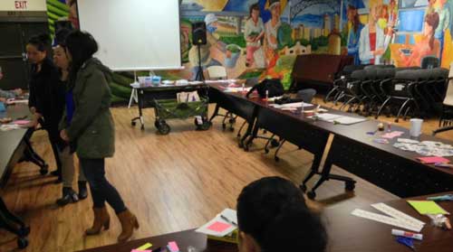 Counselors at the Center for New Americans lead group activities with clients suffering from depression. The clients chose not to be in the picture. (Alice Daniel/KQED)